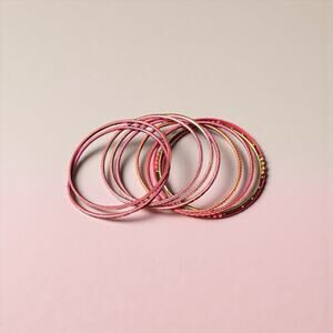 Set Of 10 Bangle Bracelets Bright Pink Gold Tone Bling Mix Fashion 2.5"